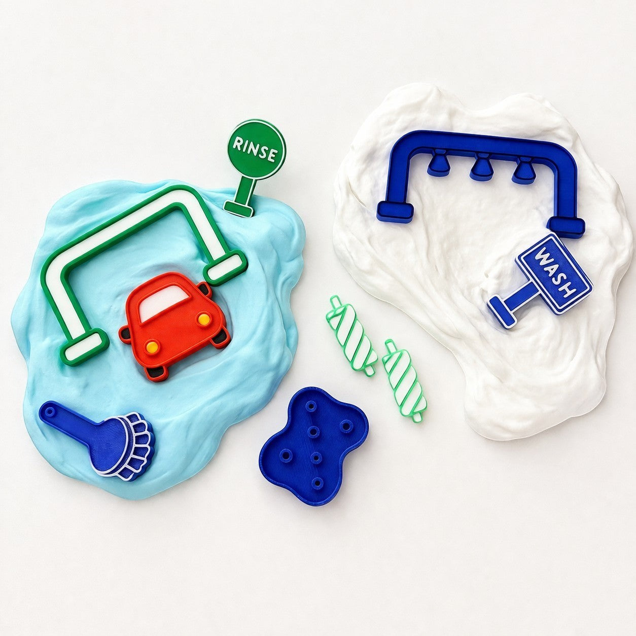 Happy Hands Party Co car wash play dough accessories set with red car, blue tool, brush, wash and rinse signs, and green striped rollers.